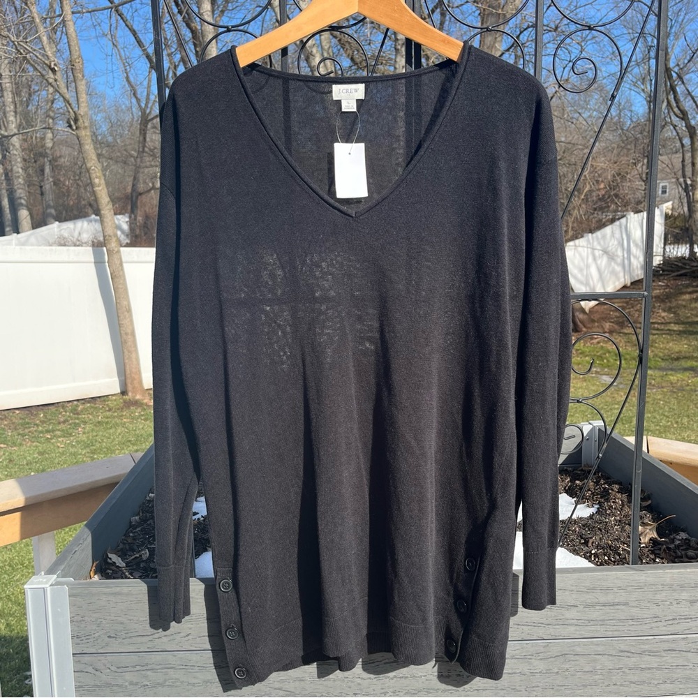J.Crew Womens Linen Blend V-Neck Tunic Length Long Sleeve Black Sweater Sz L NEW
